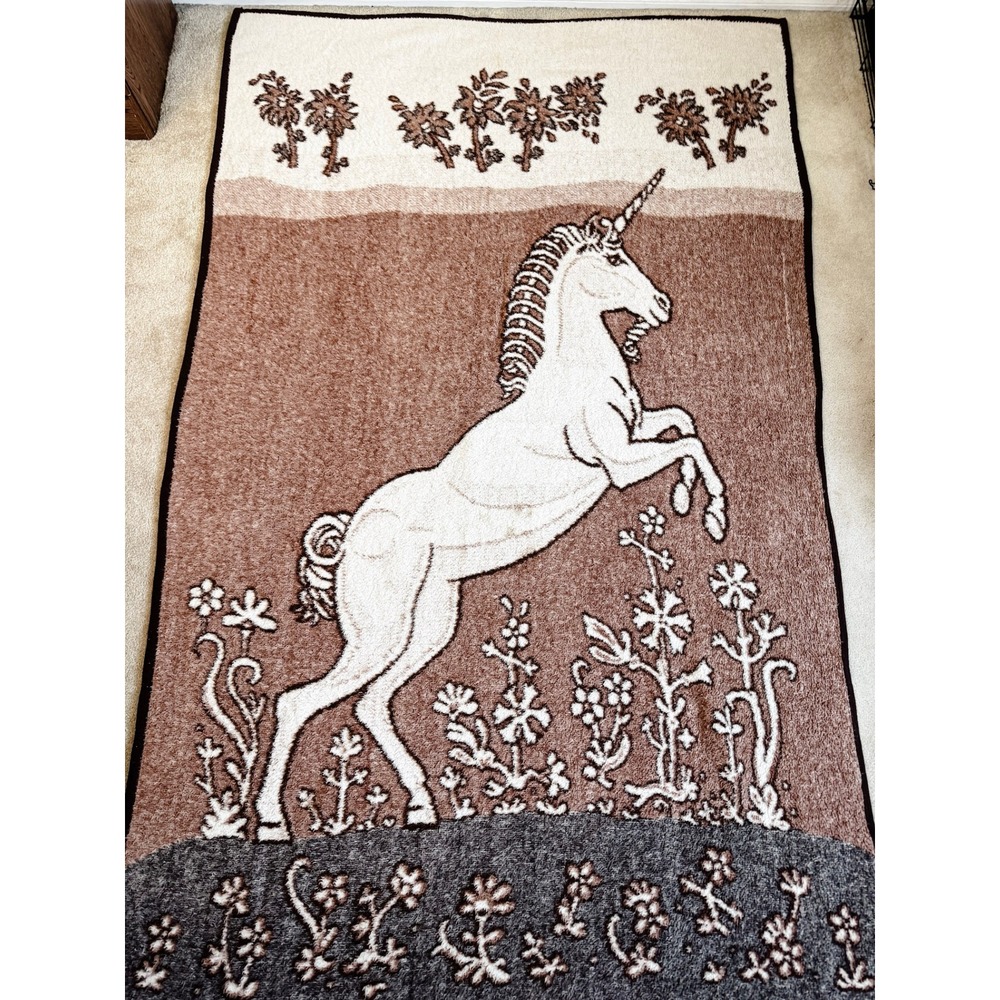 Vintage Reversible Unicorn Throw Blanket Floral Cottagecore Brown 84 x 52 Plush